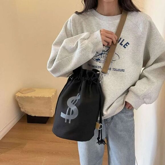 Bank Heist Money Bag Satchel Canvas Drawstring Backpack with Dollar Sign- Black - Picture 3 of 5